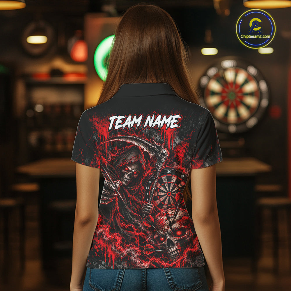 Grim Reaper Darts Polo Shirt For Women Custom Quarter Zip Red Blood Dart Board Tournament Jersey NHT1802