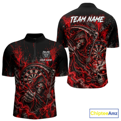 Grim Reaper Darts Polo Shirt For Men Custom Quarter Zip Red Blood Dart Board Tournament Jersey NHT1802