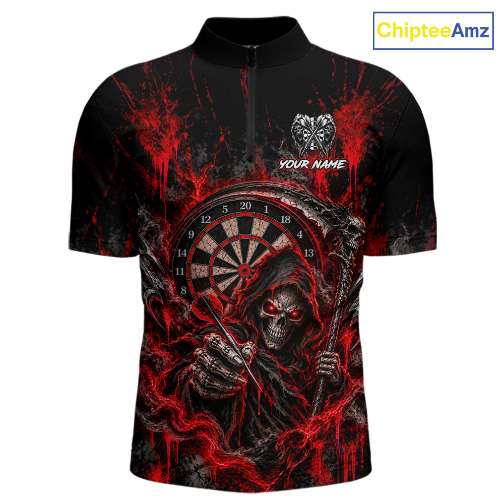 Grim Reaper Darts Polo Shirt For Men Custom Quarter Zip Red Blood Dart Board Tournament Jersey NHT1802
