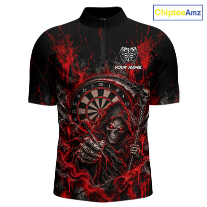 Grim Reaper Darts Polo Shirt For Men Custom Quarter Zip Red Blood Dart Board Tournament Jersey NHT1802