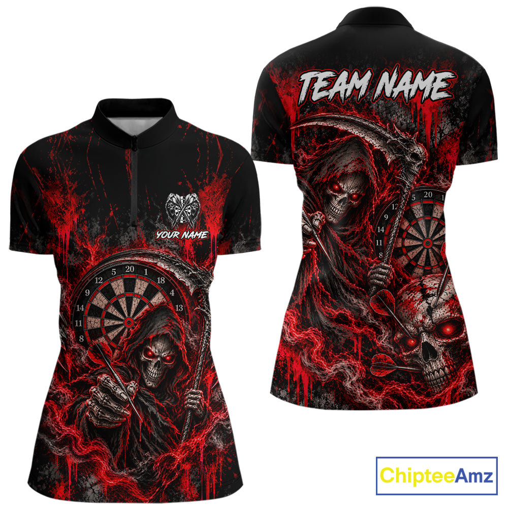 Grim Reaper Darts Polo Shirt For Women Custom Quarter Zip Red Blood Dart Board Tournament Jersey NHT1802