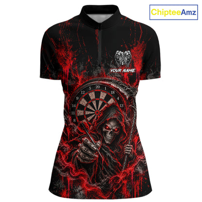 Grim Reaper Darts Polo Shirt For Women Custom Quarter Zip Red Blood Dart Board Tournament Jersey NHT1802