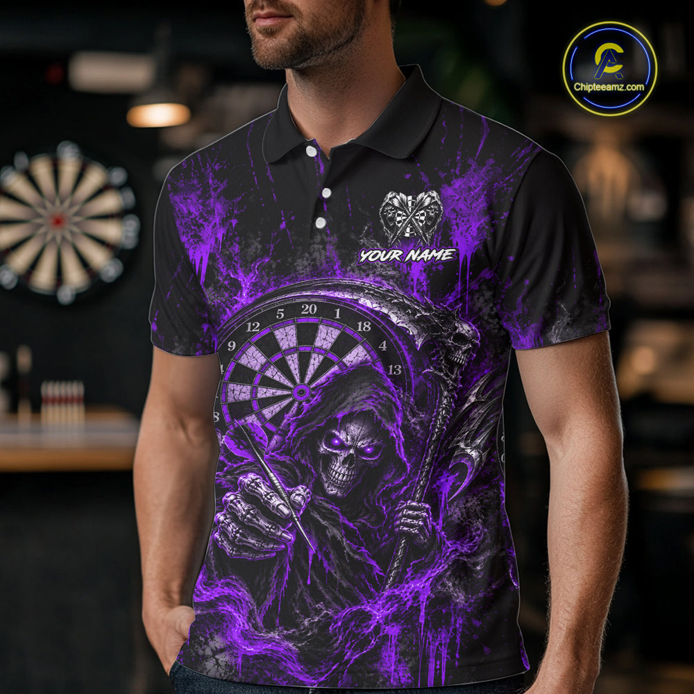Grim Reaper Darts Polo Shirt For Men Custom Quarter Zip Purple Blood Dart Board Tournament Jersey NHT1803
