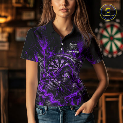 Grim Reaper Darts Polo Shirt For Women Custom Quarter Zip Purple Blood Dart Board Tournament Jersey NHT1803