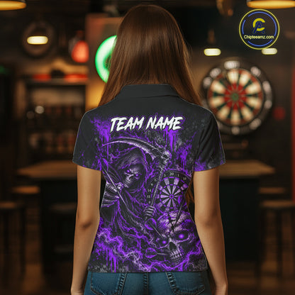 Grim Reaper Darts Polo Shirt For Women Custom Quarter Zip Purple Blood Dart Board Tournament Jersey NHT1803