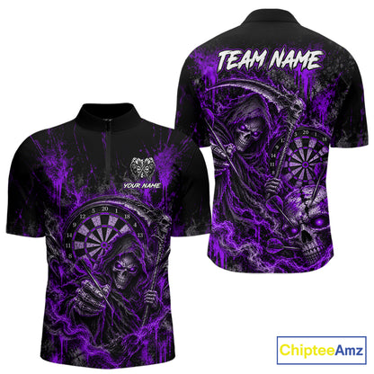 Grim Reaper Darts Polo Shirt For Men Custom Quarter Zip Purple Blood Dart Board Tournament Jersey NHT1803