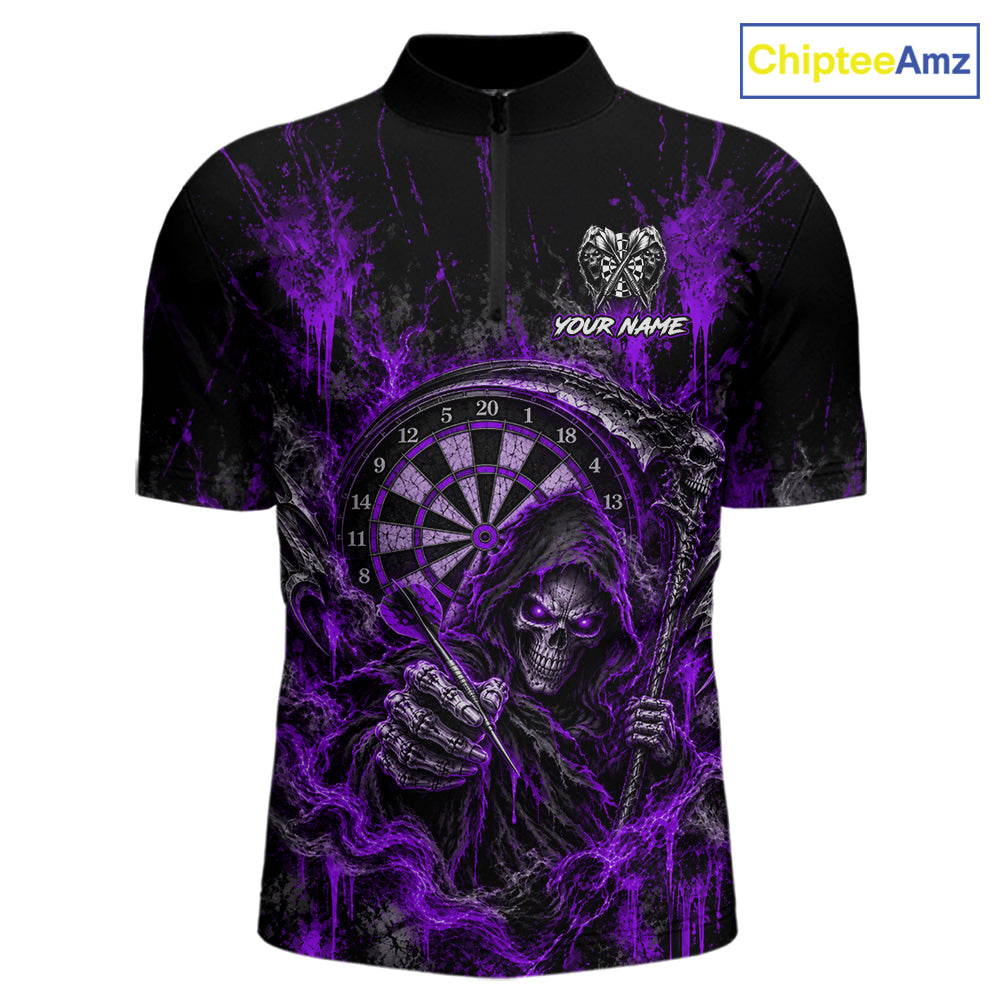 Grim Reaper Darts Polo Shirt For Men Custom Quarter Zip Purple Blood Dart Board Tournament Jersey NHT1803