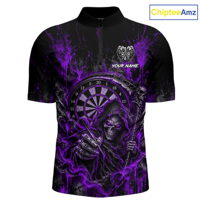 Grim Reaper Darts Polo Shirt For Men Custom Quarter Zip Purple Blood Dart Board Tournament Jersey NHT1803