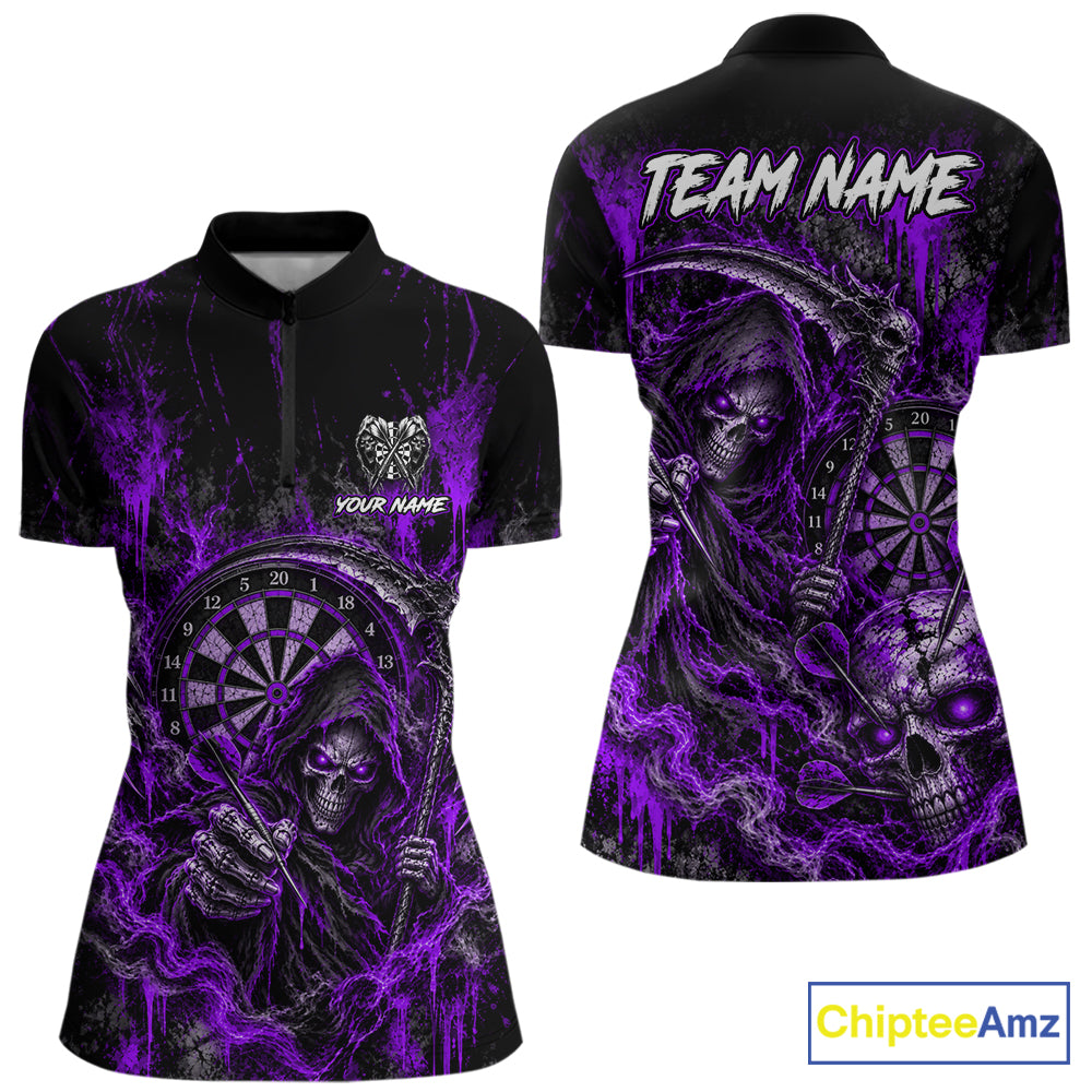 Grim Reaper Darts Polo Shirt For Women Custom Quarter Zip Purple Blood Dart Board Tournament Jersey NHT1803