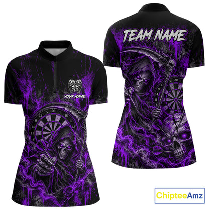 Grim Reaper Darts Polo Shirt For Women Custom Quarter Zip Purple Blood Dart Board Tournament Jersey NHT1803