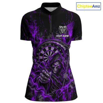 Grim Reaper Darts Polo Shirt For Women Custom Quarter Zip Purple Blood Dart Board Tournament Jersey NHT1803