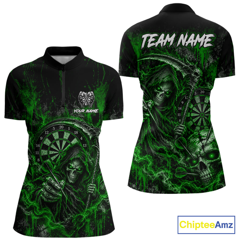 Grim Reaper Darts Polo Shirt For Women Custom Quarter Zip Green Blood Dart Board Tournament Jersey NHT1804