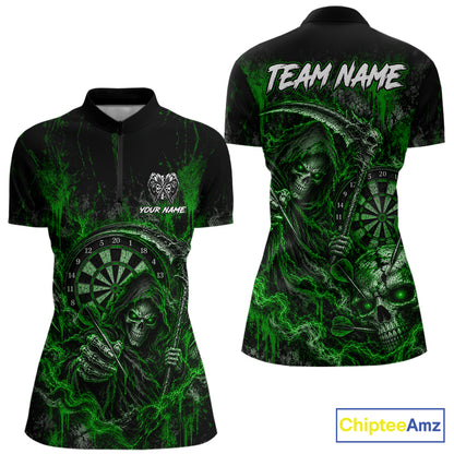 Grim Reaper Darts Polo Shirt For Women Custom Quarter Zip Green Blood Dart Board Tournament Jersey NHT1804