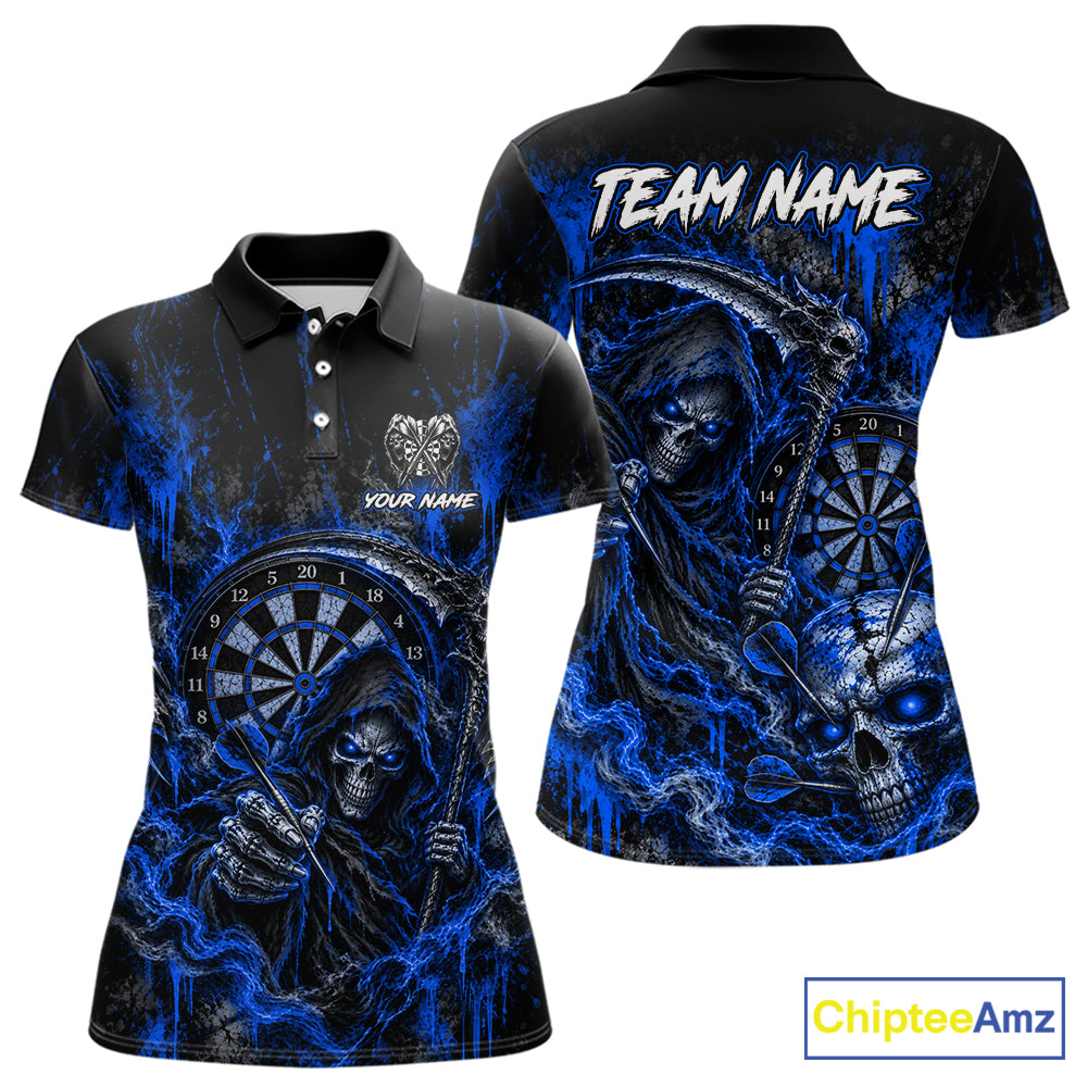Grim Reaper Darts Polo Shirt For Women Custom Quarter Zip Blue Blood Dart Board Tournament Jersey NHT1805
