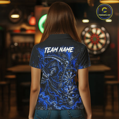 Grim Reaper Darts Polo Shirt For Women Custom Quarter Zip Blue Blood Dart Board Tournament Jersey NHT1805