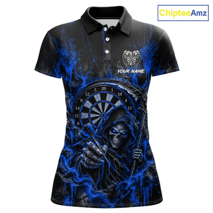 Grim Reaper Darts Polo Shirt For Women Custom Quarter Zip Blue Blood Dart Board Tournament Jersey NHT1805