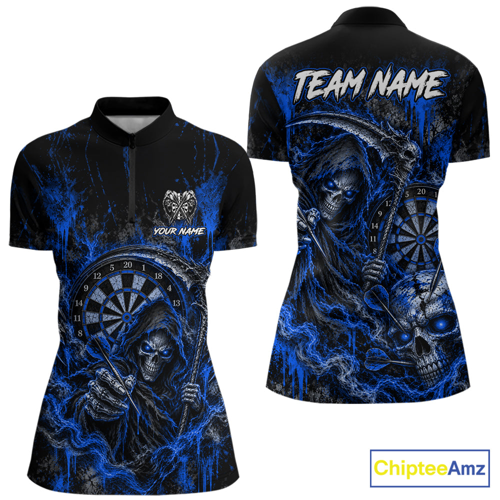 Grim Reaper Darts Polo Shirt For Women Custom Quarter Zip Blue Blood Dart Board Tournament Jersey NHT1805