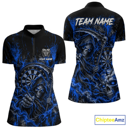 Grim Reaper Darts Polo Shirt For Women Custom Quarter Zip Blue Blood Dart Board Tournament Jersey NHT1805