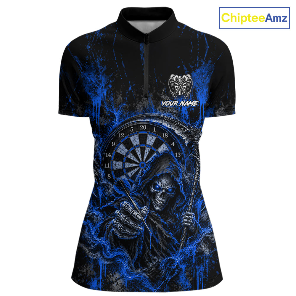 Grim Reaper Darts Polo Shirt For Women Custom Quarter Zip Blue Blood Dart Board Tournament Jersey NHT1805