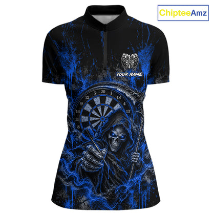 Grim Reaper Darts Polo Shirt For Women Custom Quarter Zip Blue Blood Dart Board Tournament Jersey NHT1805