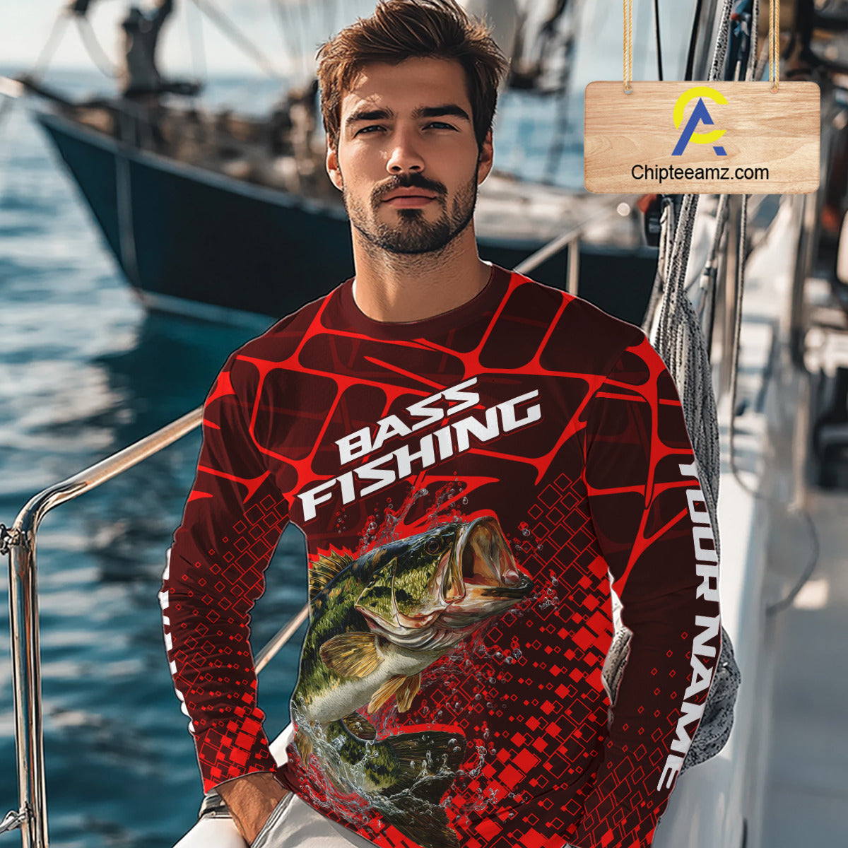 Largemouth Bass Fishing, Fishing Shirts Long Sleeve Scale, Fishing Gift |Red NHT391