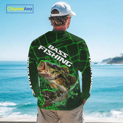 Largemouth Bass Fishing, Fishing Shirts Long Sleeve Scale, Fishing Gift | Green NHT392