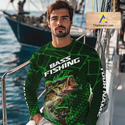 Largemouth Bass Fishing, Fishing Shirts Long Sleeve Scale, Fishing Gift | Green NHT392