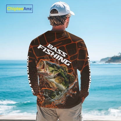Largemouth Bass Fishing, Fishing Shirts Long Sleeve Scale, Fishing Gift | Orange NHT393
