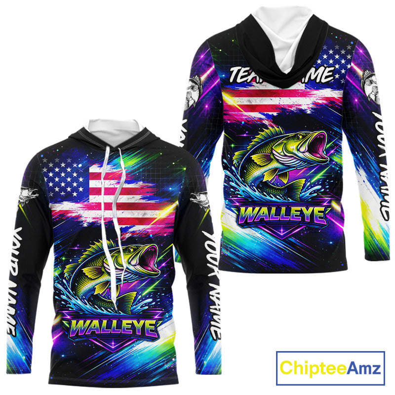 Personalized Walleye Fishing Jerseys, Custom American Flag Fishing Shirts Long Sleeve Hooded For Men NHT637