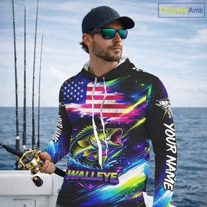 Personalized Walleye Fishing Jerseys, Custom American Flag Fishing Shirts Long Sleeve Hooded For Men NHT637