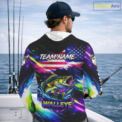 Personalized Walleye Fishing Jerseys, Custom American Flag Fishing Shirts Long Sleeve Hooded For Men NHT637