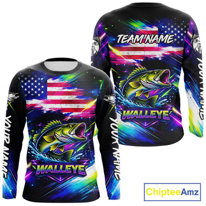 Personalized Walleye Fishing Jerseys, Custom American Flag Fishing Shirts Long Sleeve For Men NHT637