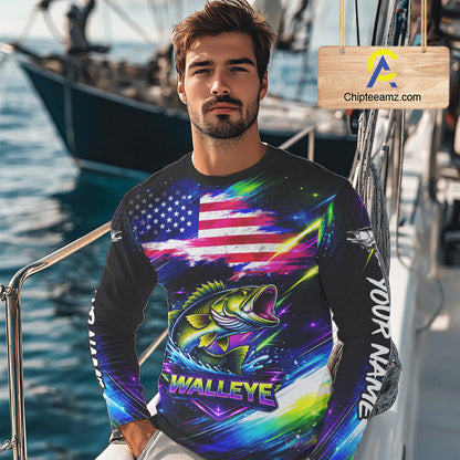 Personalized Walleye Fishing Jerseys, Custom American Flag Fishing Shirts Long Sleeve For Men NHT637