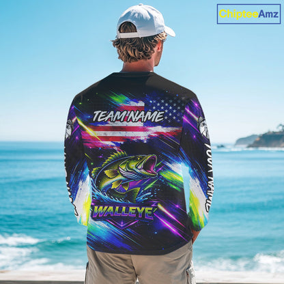 Personalized Walleye Fishing Jerseys, Custom American Flag Fishing Shirts Long Sleeve For Men NHT637