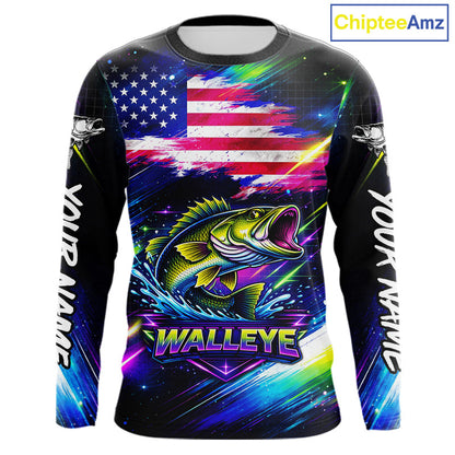 Personalized Walleye Fishing Jerseys, Custom American Flag Fishing Shirts Long Sleeve For Men NHT637