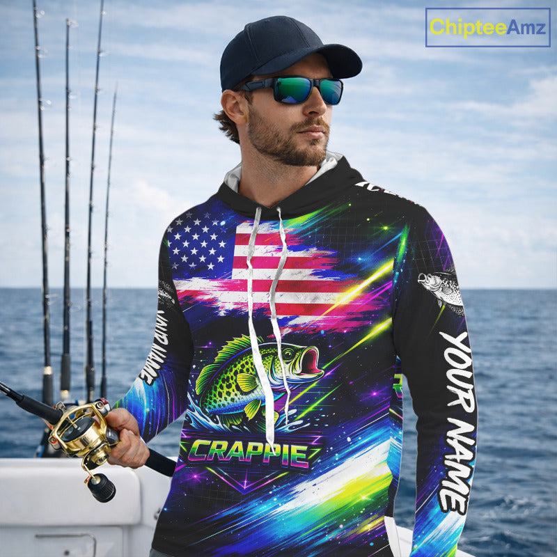 Personalized Crappie Fishing Jerseys, Custom American Flag Fishing Shirts Long Sleeve Hooded For Men NHT638