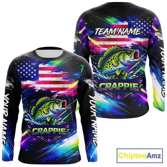 Personalized Crappie Fishing Jerseys, Custom American Flag Fishing Shirts Long Sleeve For Men NHT638