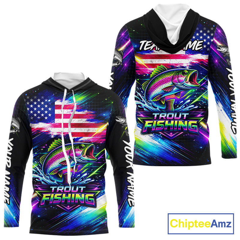 Personalized Rainbow Trout Fishing Jerseys, Custom American Flag Hooded Fishing Shirts Long Sleeve For Men NHT639