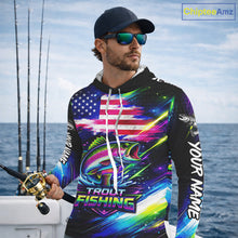 Load image into Gallery viewer, Personalized Rainbow Trout Fishing Jerseys, Custom American Flag Hooded Fishing Shirts Long Sleeve For Men NHT639