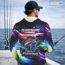 Load image into Gallery viewer, Personalized Rainbow Trout Fishing Jerseys, Custom American Flag Hooded Fishing Shirts Long Sleeve For Men NHT639
