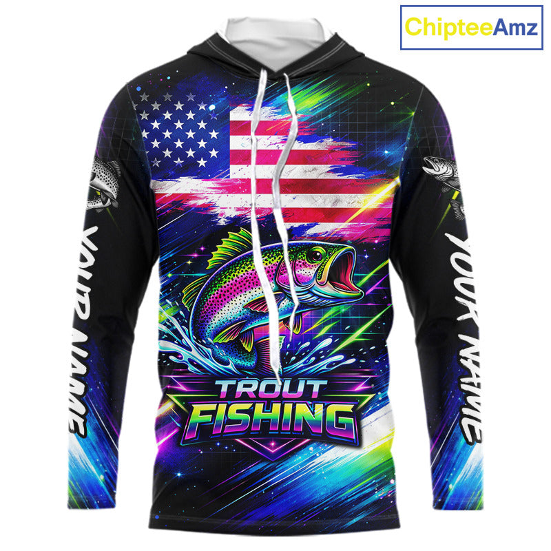 Personalized Rainbow Trout Fishing Jerseys, Custom American Flag Hooded Fishing Shirts Long Sleeve For Men NHT639