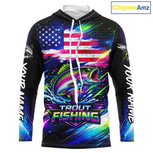 Load image into Gallery viewer, Personalized Rainbow Trout Fishing Jerseys, Custom American Flag Hooded Fishing Shirts Long Sleeve For Men NHT639