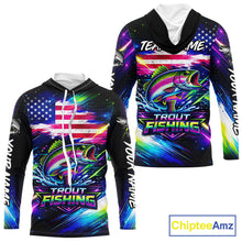 Load image into Gallery viewer, Personalized Rainbow Trout Fishing Jerseys, Custom American Flag Hooded Fishing Shirts Long Sleeve For Men NHT639