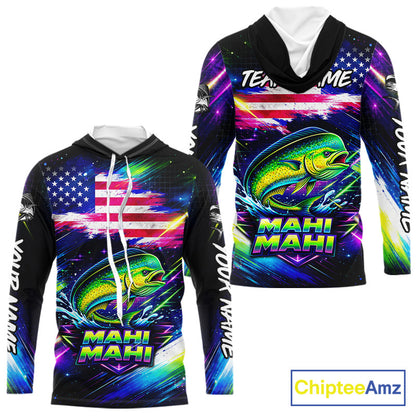 Personalized Mahi Mahi Fishing Jerseys, Custom American Flag Hooded Fishing Shirts Long Sleeve For Men NHT640