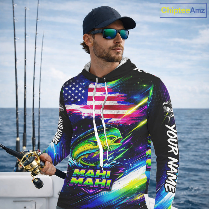 Personalized Mahi Mahi Fishing Jerseys, Custom American Flag Hooded Fishing Shirts Long Sleeve For Men NHT640