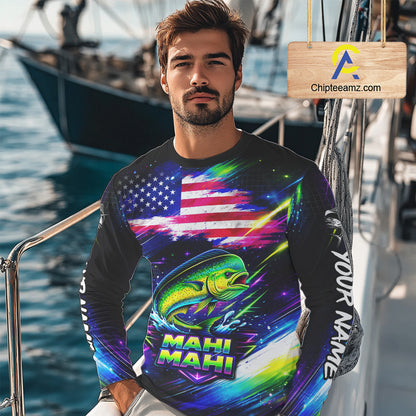 Personalized Mahi Mahi Fishing Jerseys, Custom American Flag Fishing Shirts Long Sleeve For Men NHT640