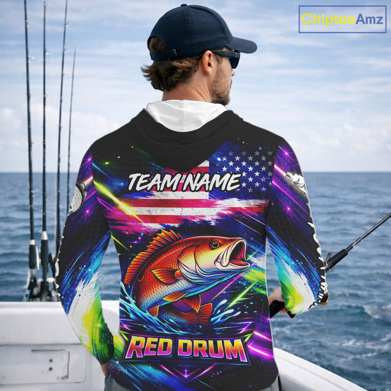 Personalized Redfish Fishing Jerseys, Custom American Flag Hooded Fishing Shirts Long Sleeve For Men NHT641