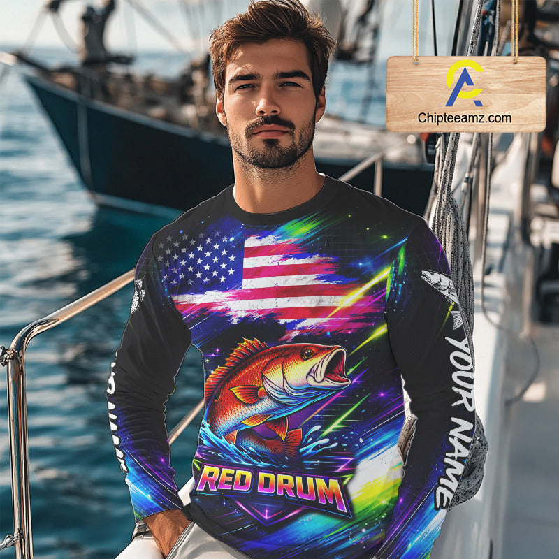 Personalized Redfish Fishing Jerseys, Custom American Flag Fishing Shirts Long Sleeve For Men NHT641