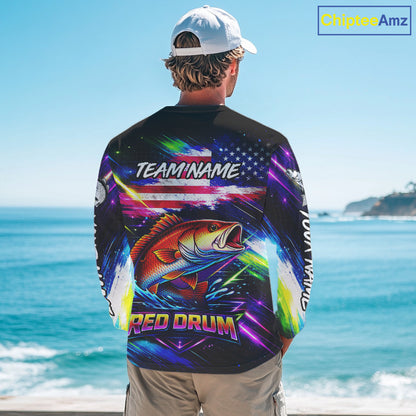 Personalized Redfish Fishing Jerseys, Custom American Flag Fishing Shirts Long Sleeve For Men NHT641