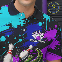 Load image into Gallery viewer, Colorful polo shirt with bowling design and 'Your Name' text, brand logo visible.
